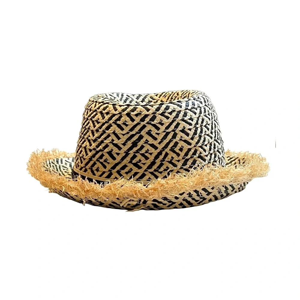 Kids Target Straw Fedora Sun Hat Black Tan Frayed Brim Hat Day NWOT